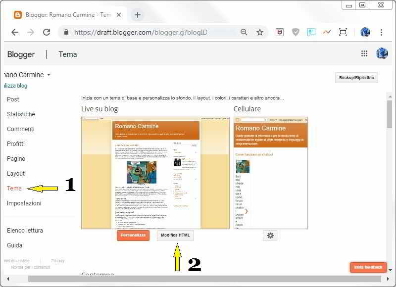 Come modificare il tema in Blogger