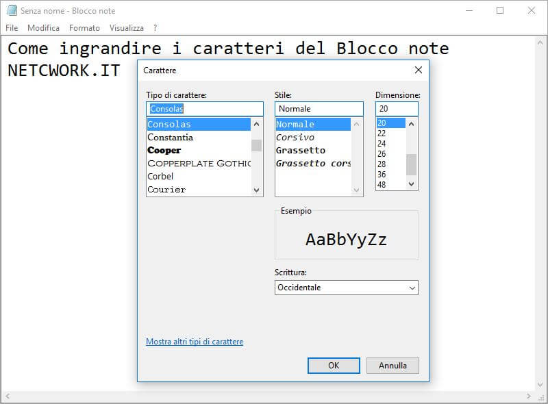 Come ingrandire i caratteri del Blocco note