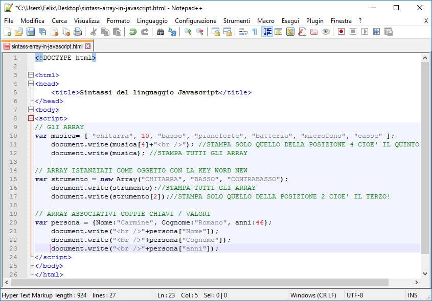 Sintassi degli Array in JavaScript