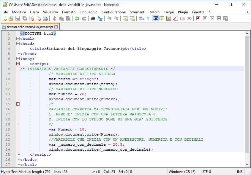 Sintassi del linguaggio Javascript