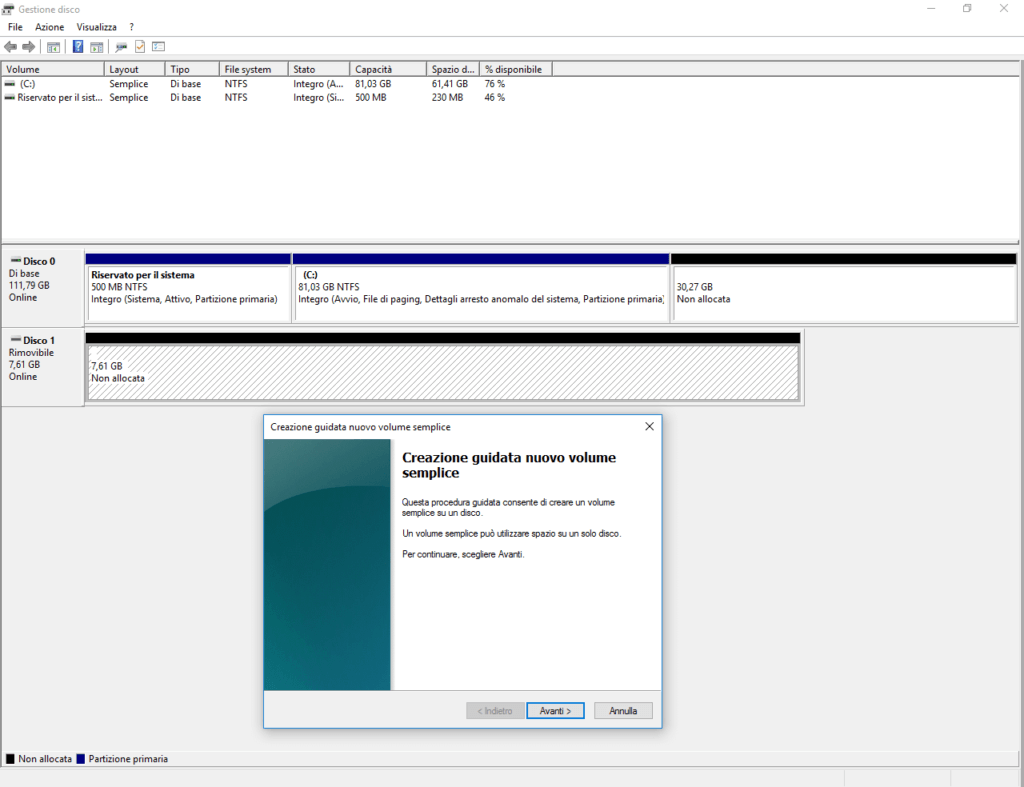 Creazione nuovo volume in Windows