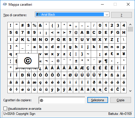 Creare combinazione di tasti per copyright in Windows