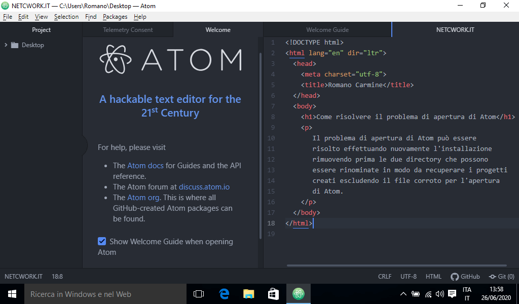 Problema di apertura con Atom in Windows