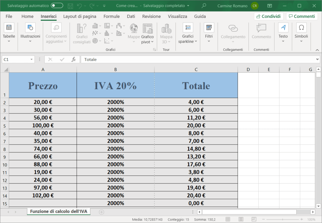 Funzione di calcolo IVA in Excel