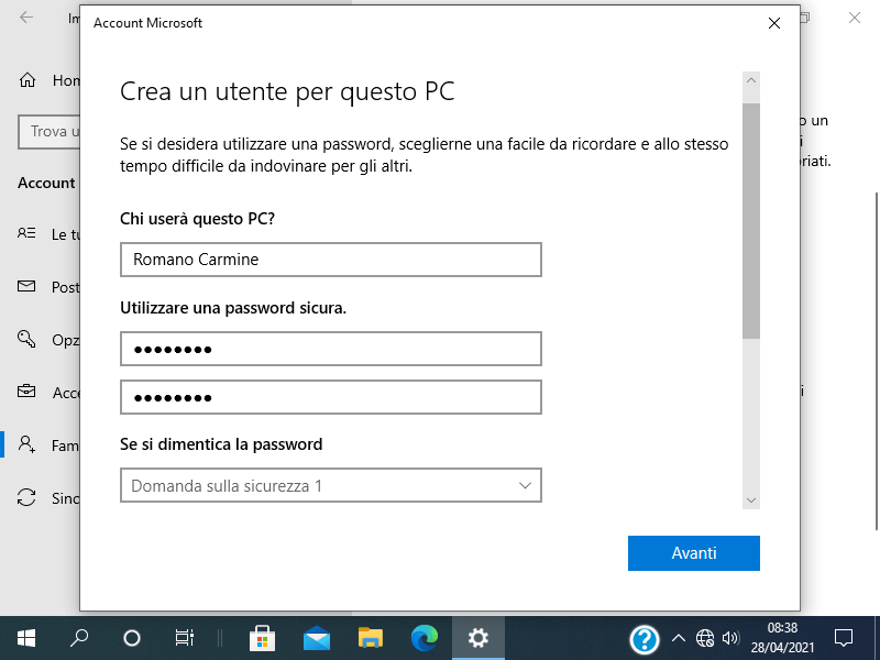Creare un account utente in Windows 10