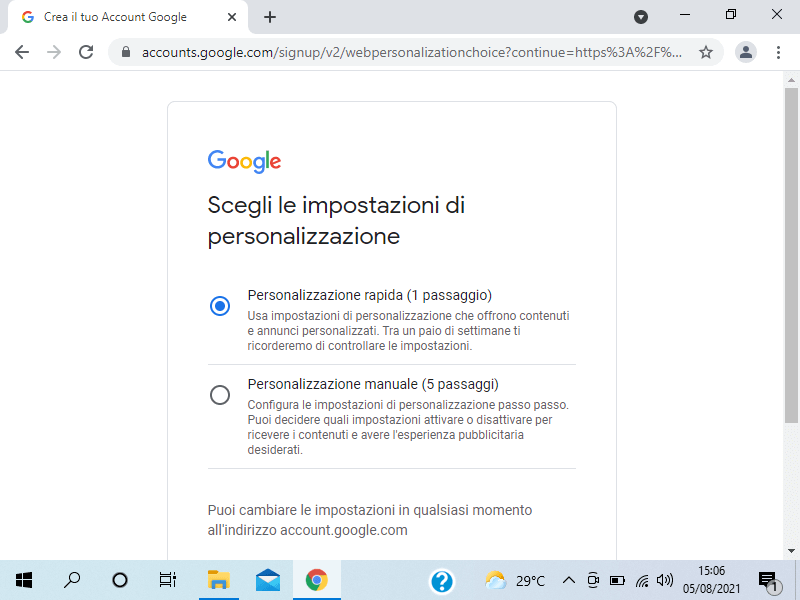 Impostazioni rapide Account Google