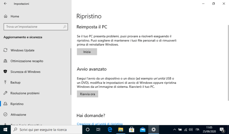 Ripristino di Windows 10