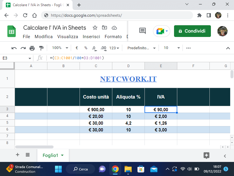 Calcolo IVA in Google Sheets