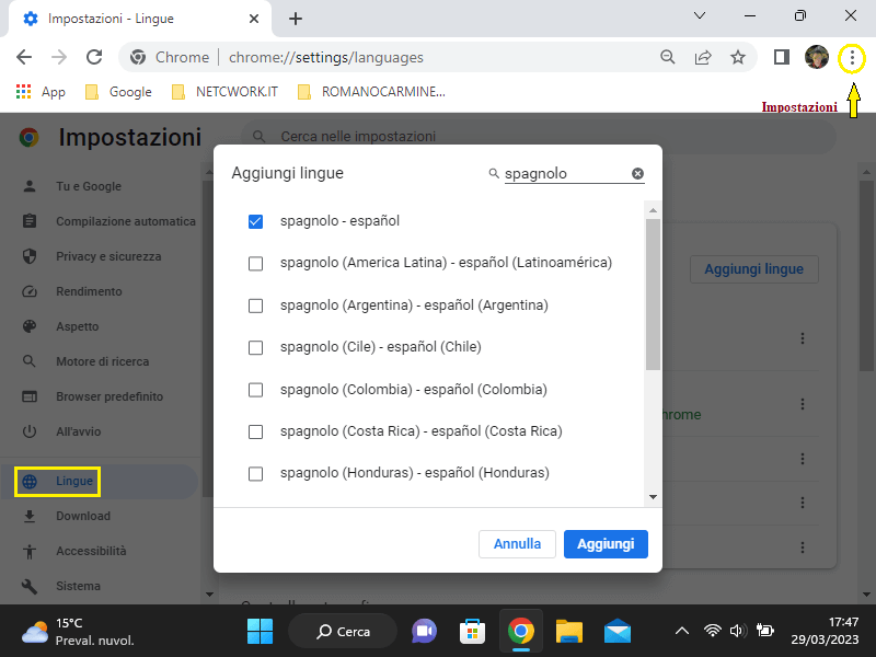 Aggiungere lingue in Chrome