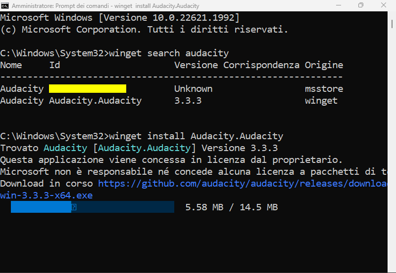 Come installare Audacity da CMD