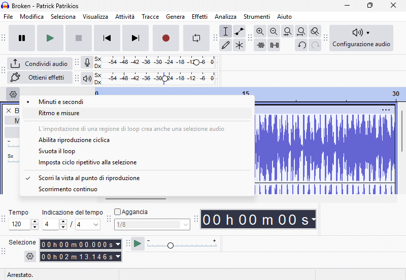 Come impostare la Timeline di Audacity su un secondo